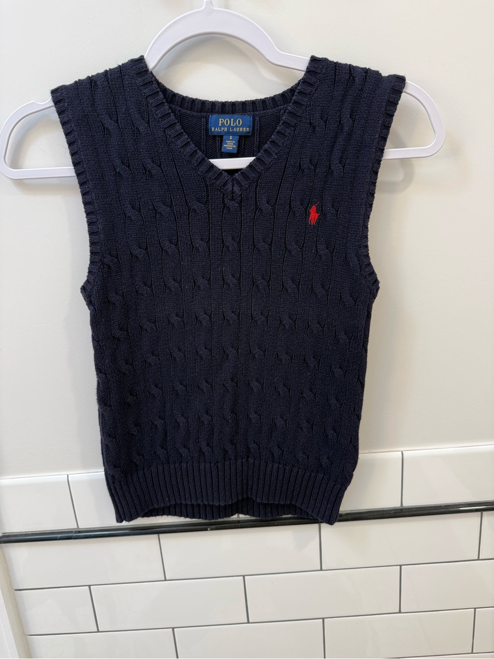 Polo by Ralph Lauren Navy Cable Knit V-Neck Sweater Vest with Red Pony